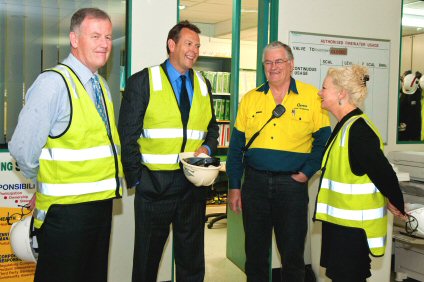 L-R Deputy Premier of Victoria Rob Hulls MP, Jonathan Clancy Qenos CEO, Denis Hargreaves Shift Team Leader and Jill Hennessy MP Local Member for Altona on their recent visit to the Olefins Main Control Room.
